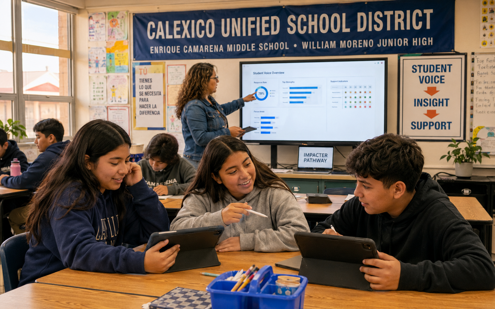 Calexico Unified classroom with a Student Voice → Insight → Support dashboard on screen