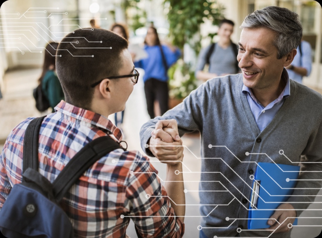 A student and a teacher shaking hands in a school hallway, overlaid with a circuit-pattern graphic