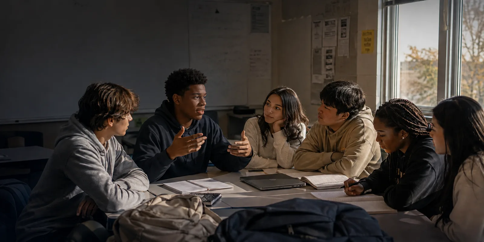 Students in conversation around a classroom table
